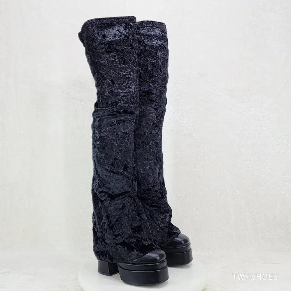 Mata Shoes Black Crushed Velvet Over-The-Knee Platform Boots